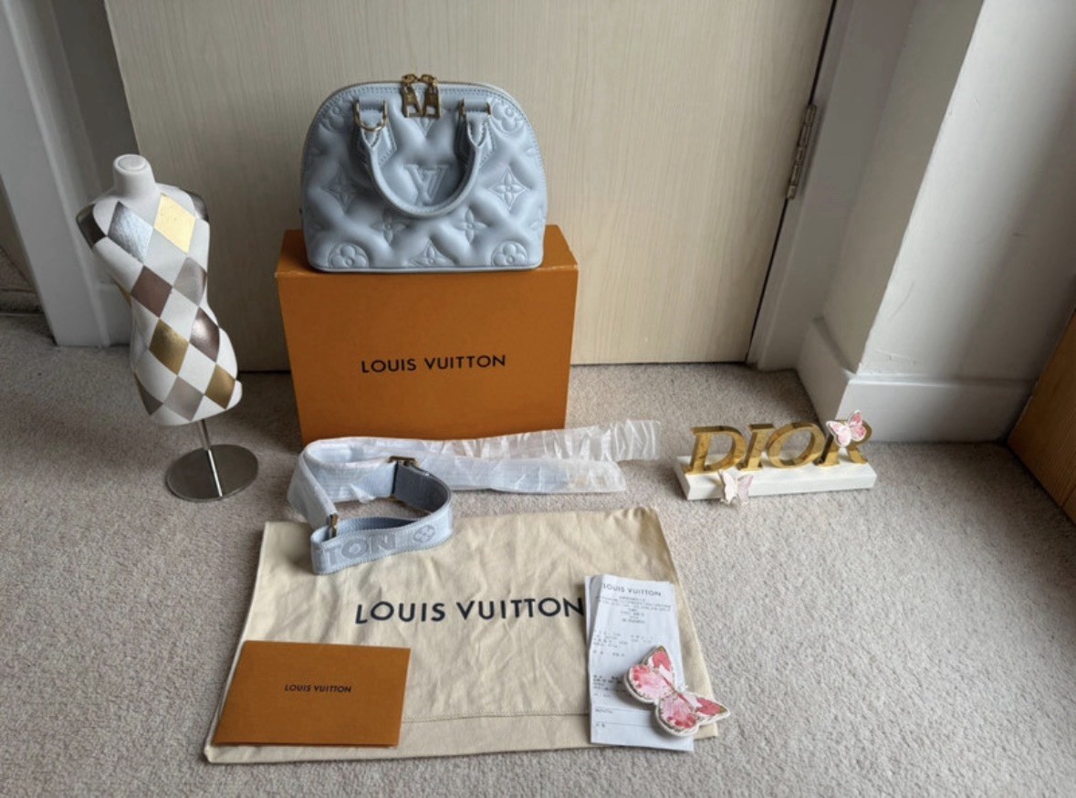 Louis Vuitton Alma BB Bubblegram Handbag Ice Blue Calfskin with Dust Bag , Box