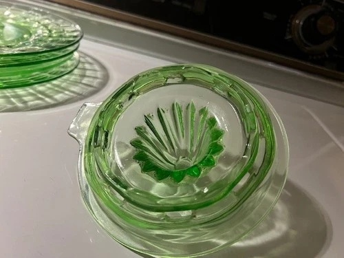 Green Depression Glass Plates and Juicer