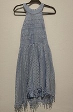 Baby Blue Lace Dress Halter w/Zipper Back Size Medium Mid Length