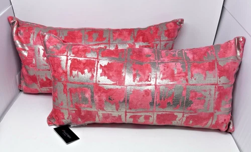 P KAUFMAN HOME PAIR OF VELVET CORAL & SILVER GOLD METALLIC 12 X 24 PILLOWS