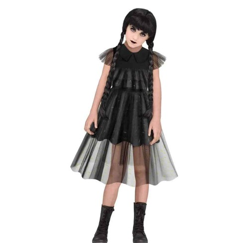 Kids Wednesday Family Cosplay Costume Addams Printing Lace Dress Wig Girls - Picture 2 of 7