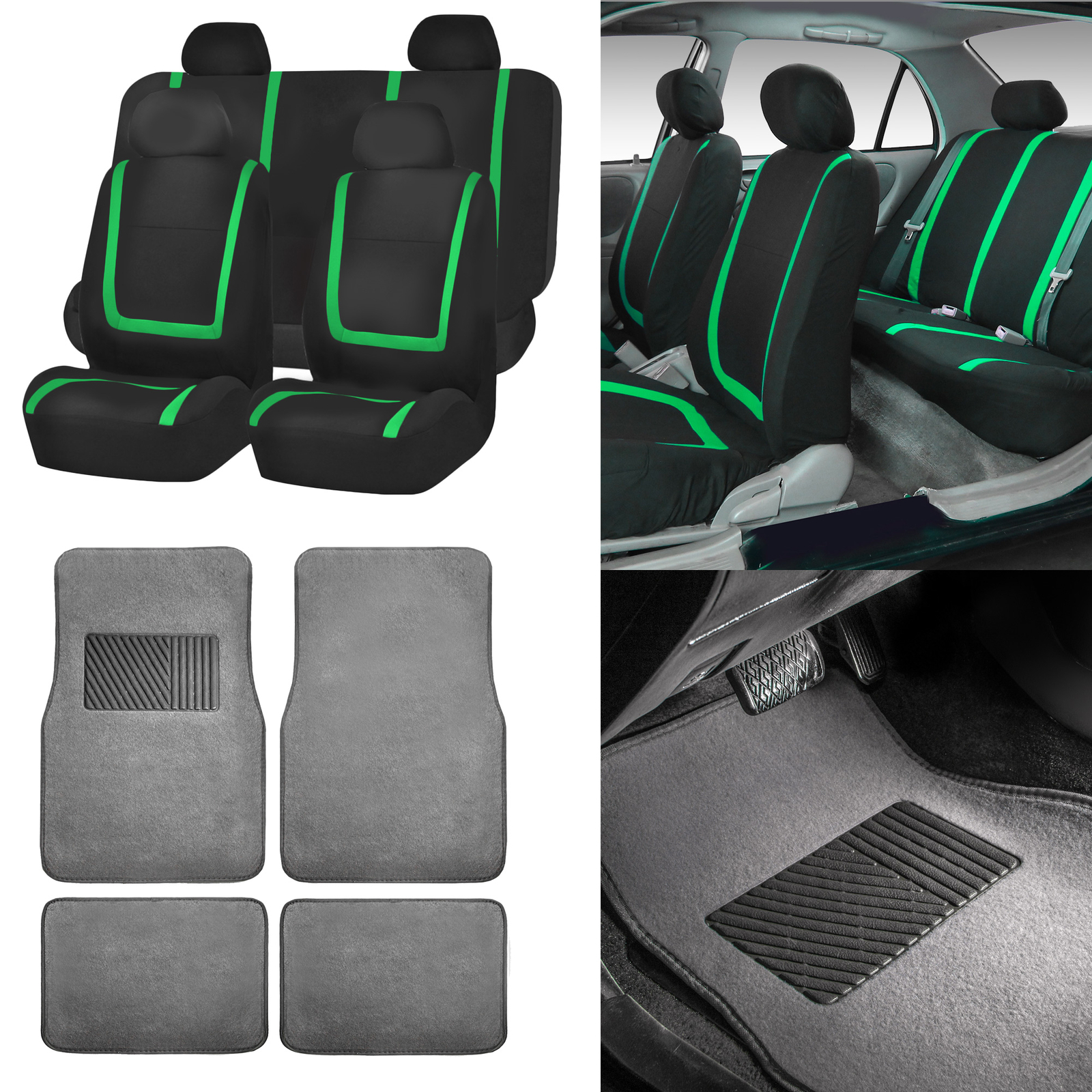 Black & Green Car Seat Covers with Gray Carpet Floor Mats for Auto Car SUV
