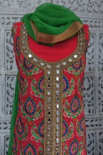 Coral & green Unstitched Indian Bollywood salwar kameez fabric SKU19354 - Picture 2 of 10