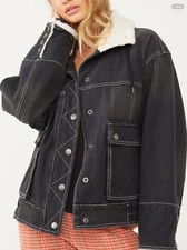 Free People Ariel Cozy Denim Bomber Jacket - Carbon - Xl - Nwt $148