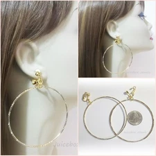 CLIP ON 2-3/4" GOLD TONE Thin Texture Big Hoop Non-Pierced Trendy Earrings B232