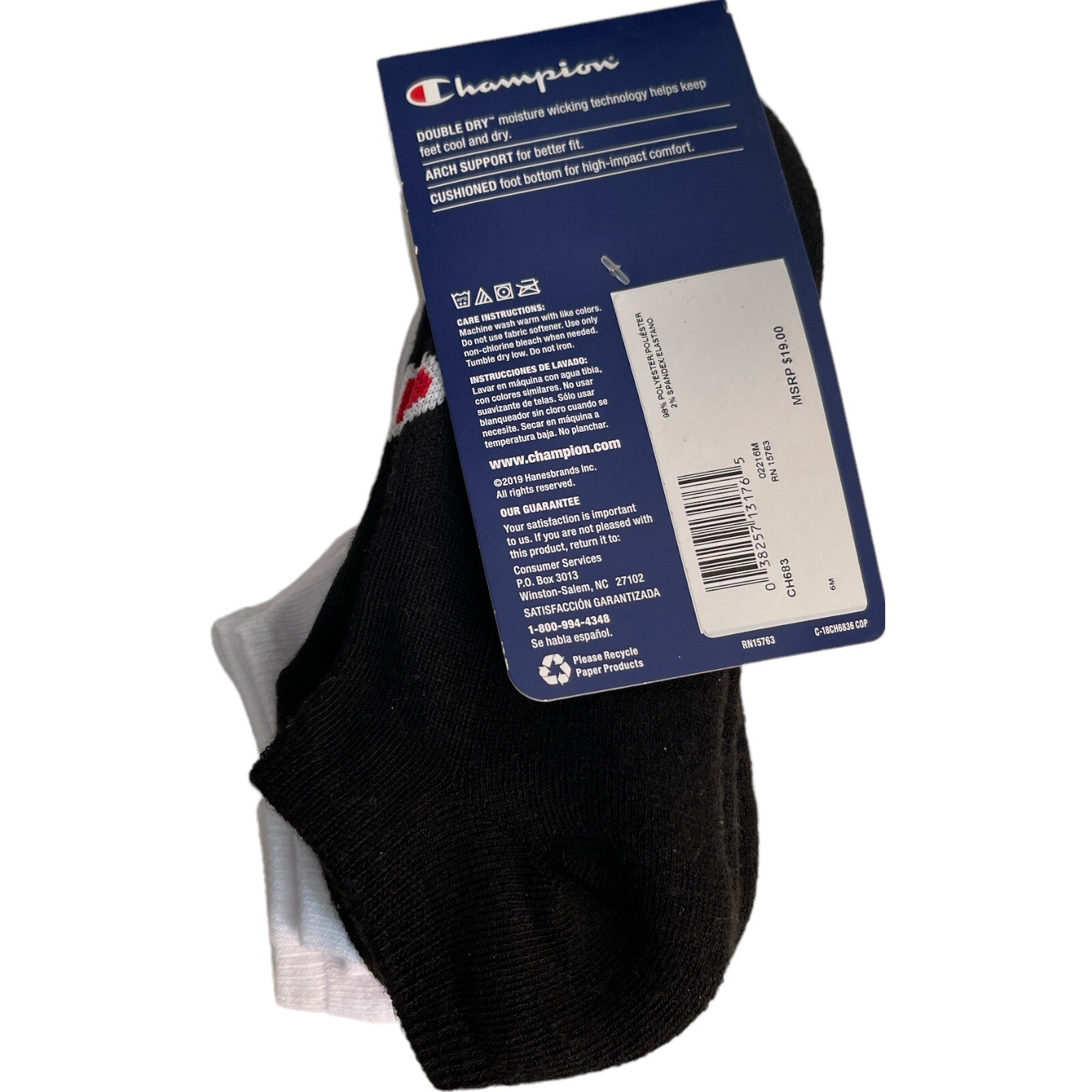 WOMEN'S SIZE 56 CHAMPION NOSHOW SOCKS, 6PAIRS White/Grey Heather