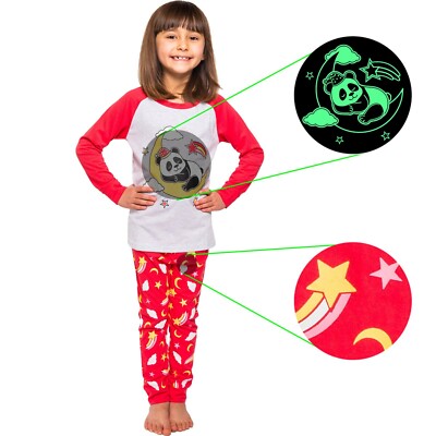 Little Jupiter Girl Pajamas with Glow in The Dark Panda Moon Grey Red 