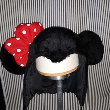 DISNEY PARKS MINNIE MOUSE FURRY HAT CAP w/POMPOMS  RED POLKA DOT BOW - One Size