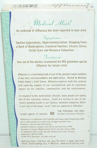 Bullfrog Films AFFLUENZA (VHS TAPE) Hosted by Scott Simon PBS 1997 Materialism - Imagen 3 de 8