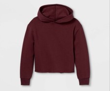Kids Fleece Art Class Dark Red Raw Edge Boxy Hoodie Size Large 10/12 NWT