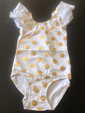 Flutter Sleeve Girls White Metallic Gold Polka Stretch Handmade Size L 5/6 New