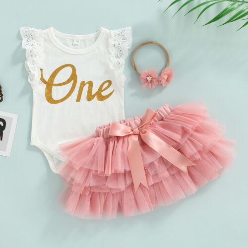 Baby Mädchen 1. Geburtstag Outfits Brief Strampler Body Tutu Shorts Kleidung Sets - Bild 1 von 6