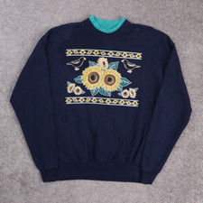 Vintage Sunflowers Birds Nature XL Blue Long Sleeve Collared Sweatshirt