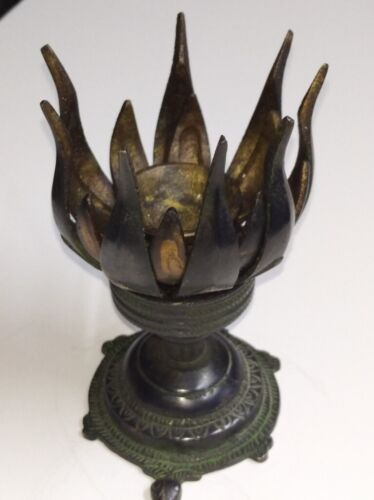 Antique Bronze Candle Holder Opens and Folds as Lotus Flower Tortoise Base 11 cm - Picture 7 of 15