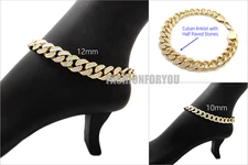 Women's Cuban Anklet with Half Paved Stones 10mm, 12mm 10 inches Ankle Bracelet