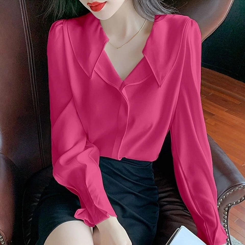 Fashion Shirts Blouse Korean Women Puff Sleeve Chiffon Ol Career Business  Top