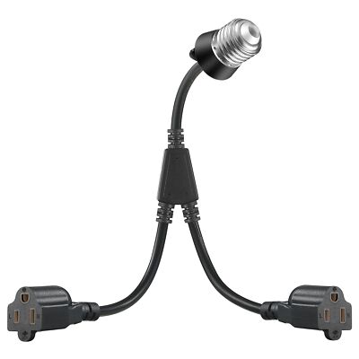 2 In 1 Light Socket Adapter Black E26/e27 To 2 Pieces 3 Prong Outlet With Extens