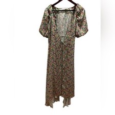 ASTR The Label Ditsy Floral Puff Sleeve V-Neck Midi Dress Green Pink Small