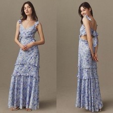ASTR the Label Cassis Floral Ruffle Maxi Dress Light Blue Cutout XS Boho