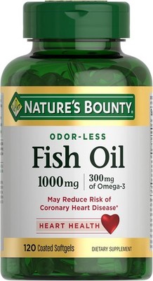 Nature's Bounty Fish Oil 1000 mg, Odorless, 120 Coated Softgels, 300mg Omega-3