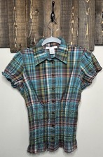 Vintage Y2K Charlotte Russe Plaid Preppy Babydoll Smocked Top With Buttons Sz. M