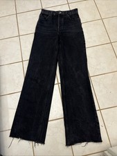 ZARA Black 100 Cotton High Rise Wide Leg Jeans w/ Raw Hem Sz US 4 33" Inseam