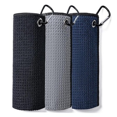 3 Pack 16x16 Microfiber Waffle Golf Towels With Carabiner Black Gray Blue