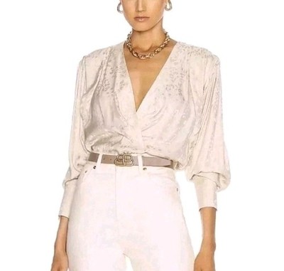 IRO Melle Wickeloptik drapiert Satin Jacquard Plunge V Bluse ivory - Gr. UK 6, EU 34