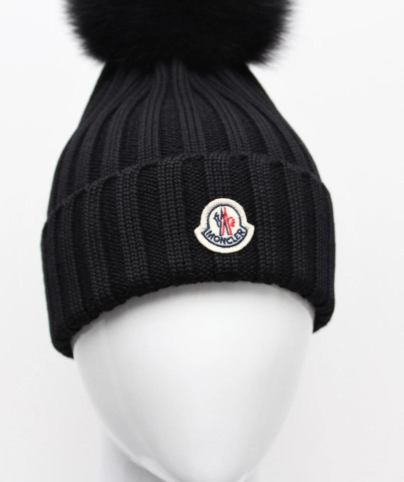 Authentic Women's MONCLER Wool Black Beanie Pom Pom Logo Ribbed Hat - Image 2 of 4