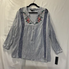 Signature Studio Plus 2x Blue & Wht Striped Pullover Blouse W/Roses Boho