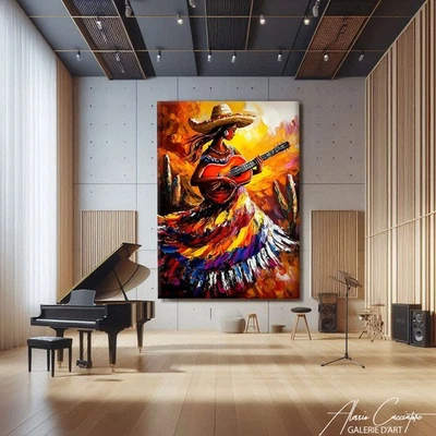 Mexican Canvas Wall Art Framed Guitar Wall Decor Orange Wall Art Canvas Decor - Image 1 of 4