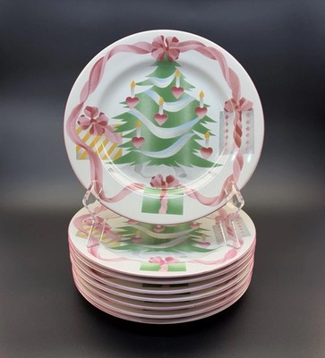 Sango Home for Christmas 4829 Dinner Plates 10 5/8'' Pink Ribbon Hearts Set of 8