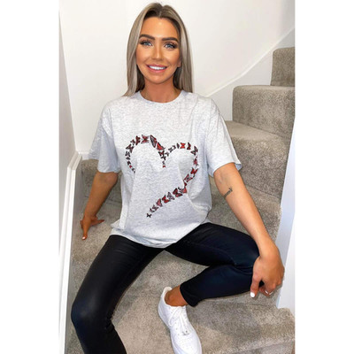 T-Shirt Oversize grau weicher Stoff Herz Print Kurzarm S/M Damen Freizeit Oberteil
