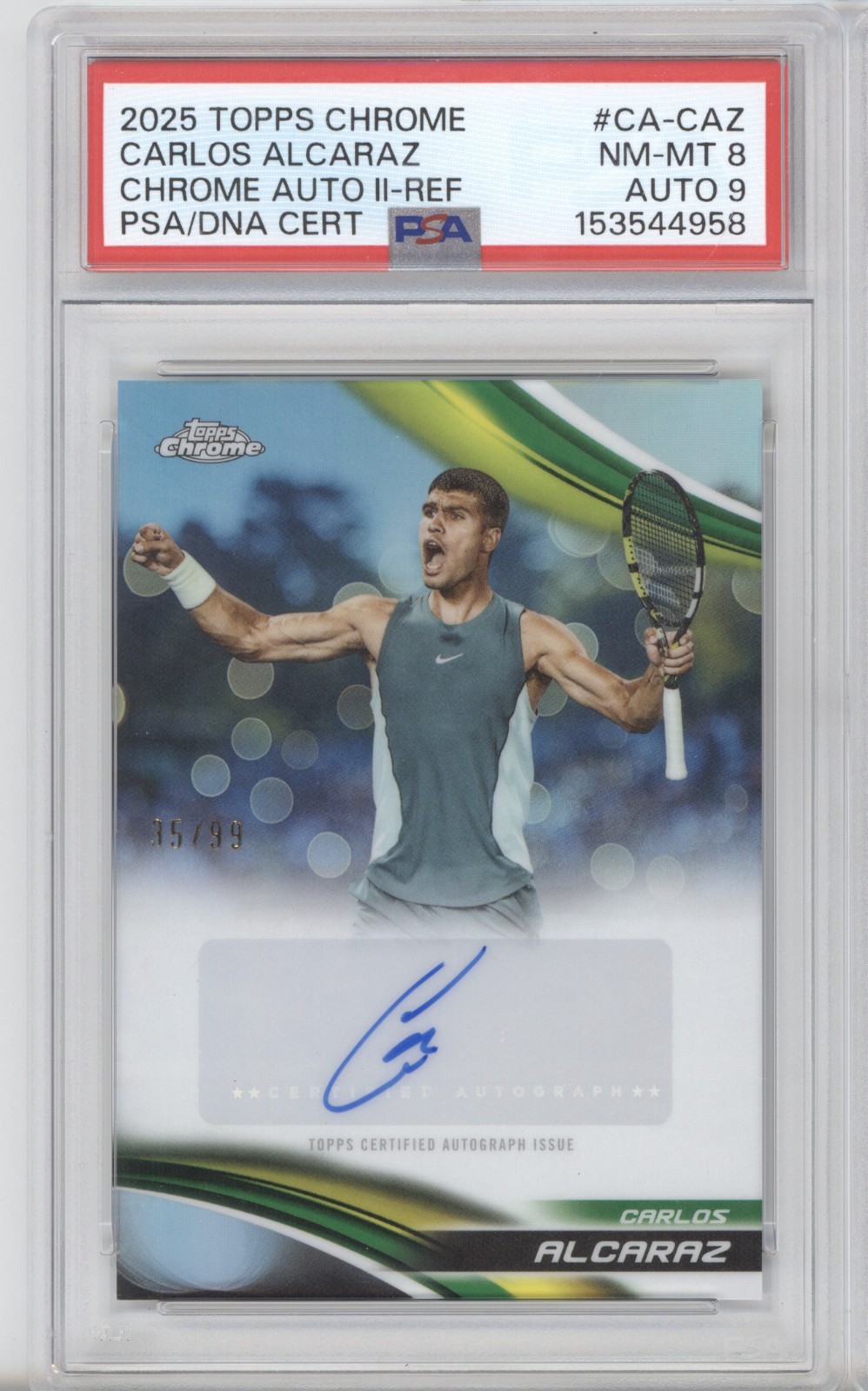 2025 Topps Chrome #CA-CAZ Carlos Alcaraz Chrome Auto II-Ref PSA 8 Auto 9 view 1