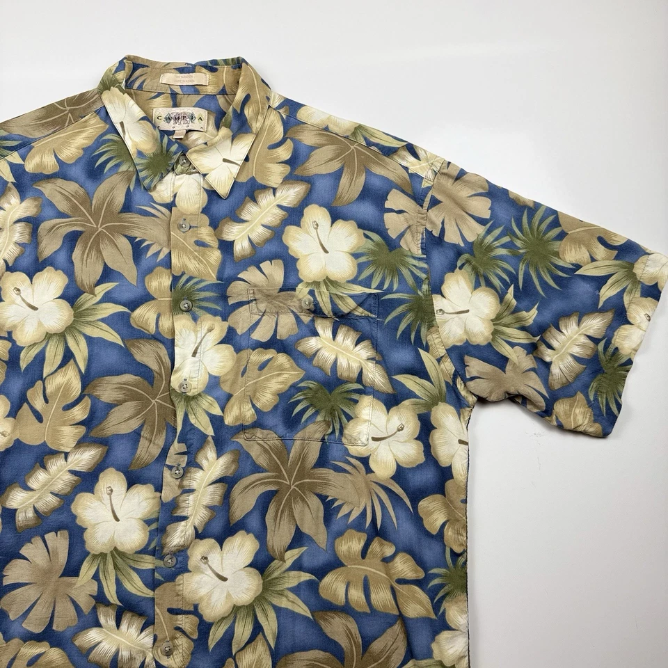 Campra Moda Hawaiian Shirt XL Blue Tan Floral Tropical Button Front Korea Vtg - Image 3 of 4
