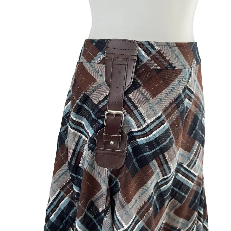 Falda Tahari Mujer Mediana Marrón Azul Cuadros Línea A Midi Forrada Bolsillos Cinturón Foto 2 de 4