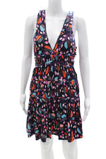 Marc Jacobs Women Silk Geometric V-Neck Mini Sundress Dark Blue Zip Size L