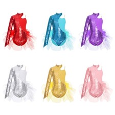 Kids Girls Romper Performance Leotard Gymnastics Sequins Asymmetrical Shoulder