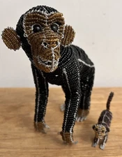 2 African Beaded Wrapped Metal Wire & Glass Mama  & Baby Monkeys Sculptures*READ