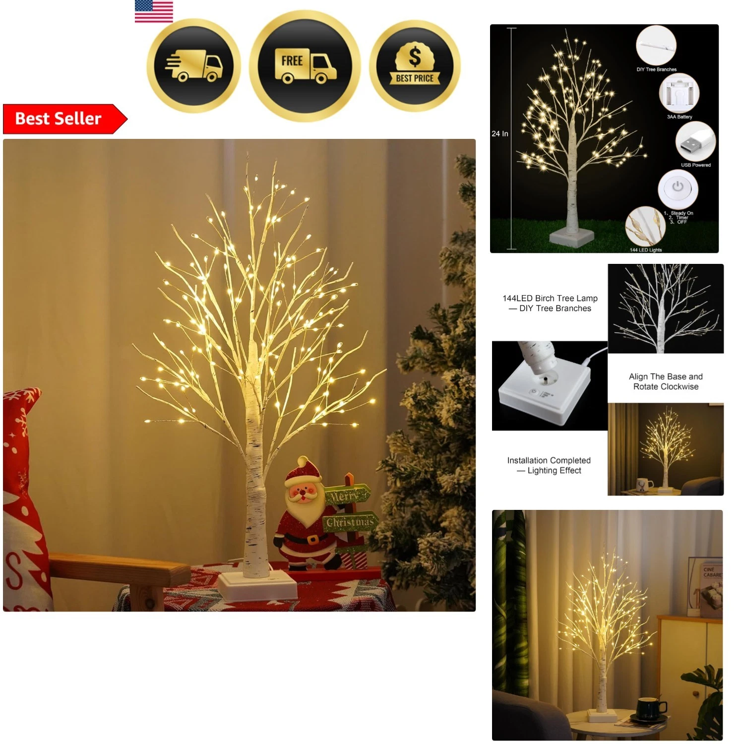 144 LED Fairy Birch Tree Lights with Timer USB Battery Powered Home Decoration