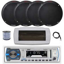 Pyle Bluetooth Marine Receiver, Cover, Antenna,Wire, 4x 6.5'' 400W Black Speaker