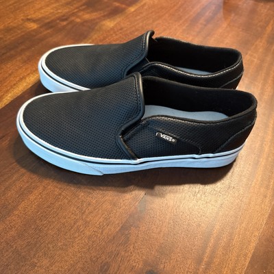 Vans Perforated Leather Slip On Sneakers Black White Women size 7.5