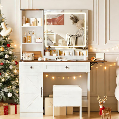 Brown Vanity Desk with Mirror, Lights, 6 Drawers & Adjustable Lighting
