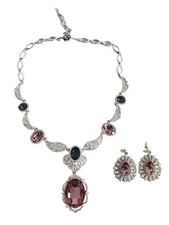 NEW Silver Cut Purple Blue Crystal necklace & drop earring set In Box
