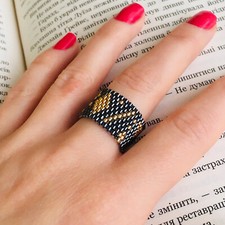 Halloween geometric peyote seed bead ring, Cocktail wide band ring, Trendy rings