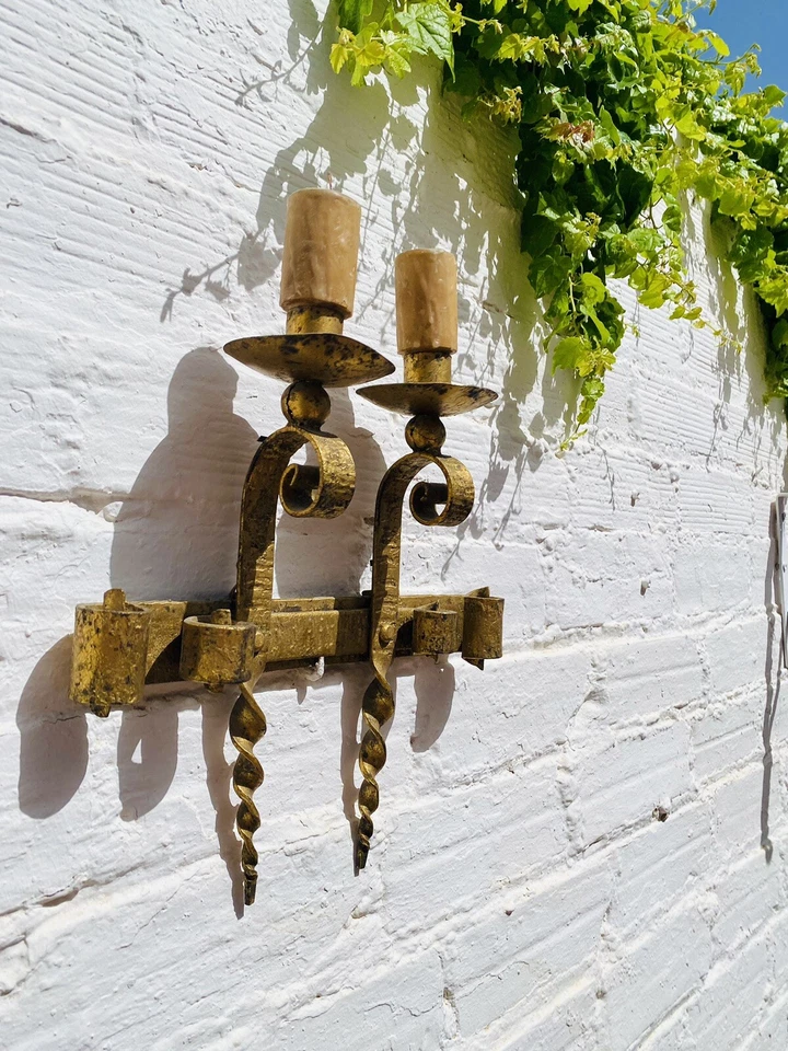 Apliques de pared españoles antiguos, 14" L x 13" W, dorado, hierro forjado, gótico Foto 3 de 4