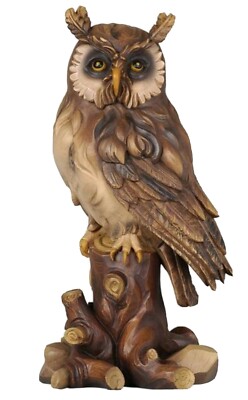 Sculpture owl on trunk cm 20 carved in wood of Val Gardena