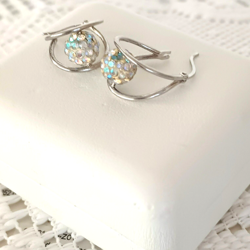 925 Floating Crystal Double Hoop Earrings Sterling Silver Drop Ball Earrings - Picture 15 of 17