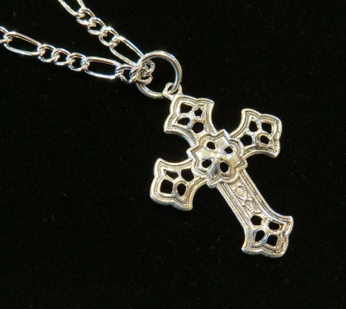 Cross Necklace Silver Plate Delicate Details Sterling Silver Plate 18" Chain - Picture 6 of 12