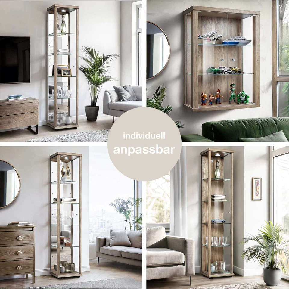 K-Möbel Glasvitrine in Sonoma Eiche (80x60x25cm); Regal Schrank Sammlervitrine - Bild 3 von 4